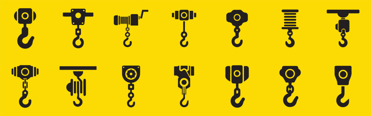 Industrial hook and pulley icon set vector. Construction or lifting equipment