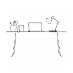A simple vector illustration of a desk with office supplies and a laptop computer