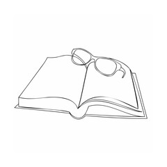 Open book and eyeglasses simple line drawing concept for education and reading