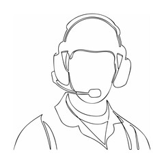 Single continuous line drawing of a customer service representative with a headset for support