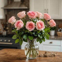 Bouquet of pink roses in a transparent vase on a wooden table in the kitchen