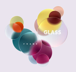 3D colorful circles and balls in glass morphism style. Transparent geometric shapes on white background