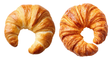 Two golden-brown croissants with flaky, layered textures and a crescent shape are shown side by side.