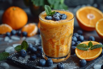 A refreshing orange smoothie topped with blueberries and mint leaves in a clear glass, surrounded by fresh fruits, showcasing vibrant colors and inviting taste for healthy indulgence.