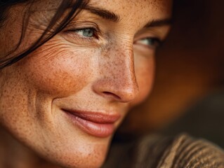 Closeup Portrait of a Smiling Woman with Freckles