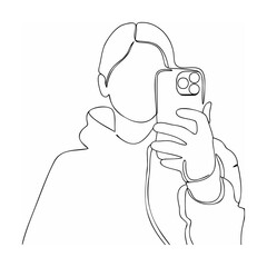 Continuous line drawing of a person taking a selfie with a modern smartphone