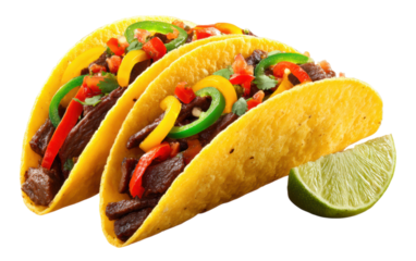 Two beef tacos filled with grilled meat, sliced peppers, diced tomatoes, and garnished with a lime wedge.
