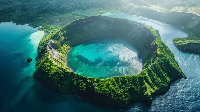 An aerial perspective reveals a breathtaking volcanic caldera, surrounded by lush greenery and clear blue waters, showcasing nature's stunning landscapes and geological wonders.
