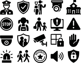 Icon set for safety and security themes in black silhouette style  