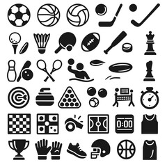 Sports icon set featuring various games and equipment in black  
