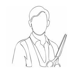 Minimalist line drawing depicting a hair stylist holding scissors against a white background