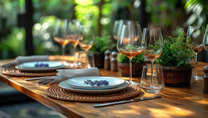 An elegant dining table elegantly set with fine dishes and glasses surrounded by lush greenery, creating a warm and inviting atmosphere for gatherings and celebrations.