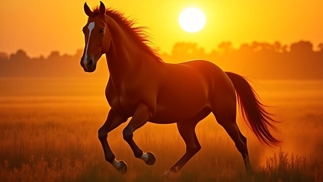 A free-roaming horse gallops through a field of tall grass under the golden glow of a setting sun,