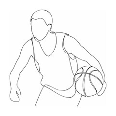 Line art illustration of a basketball player dribbling the ball in minimalist style