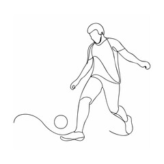 Minimalist continuous line drawing of a soccer player kicking the ball isolated on white background