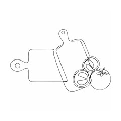 Minimalist one line drawing of cutting boards and fresh tomatoes on white background
