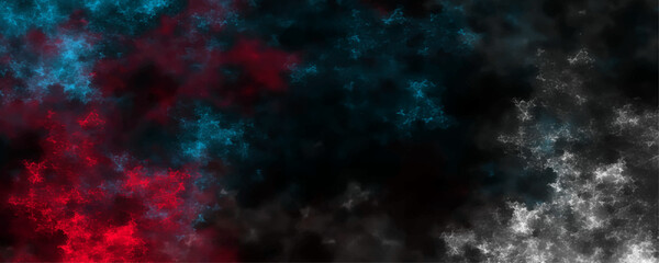 Obraz premium Deep blue, gray and red amazing cosmic space background pattern design. Abstract fractal art background. Magic color galaxy. Infinite universe and starry night. 