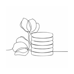 Delicate line art illustration of flowers and a stack of round objects