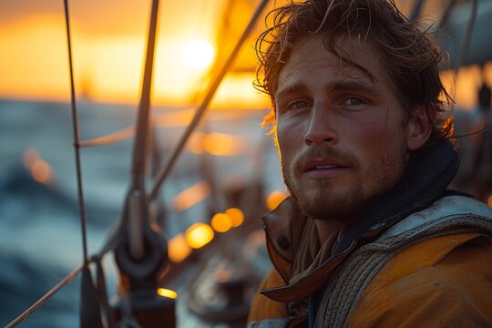 A determined sailor gazes into the horizon at sunset, capturing the spirit of adventure and the beauty of the ocean while reflecting on personal journeys and dreams.
