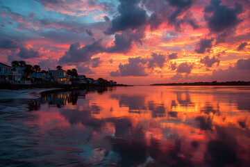 Obraz premium Pawleys Island - Cloudy Evening Landscape with Beautiful Colors Sky Reflected in the Bay Water