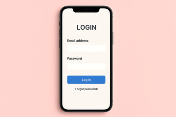 Smartphone Login Screen Displaying Email Address Password Fields and Log In Button on Pink Background