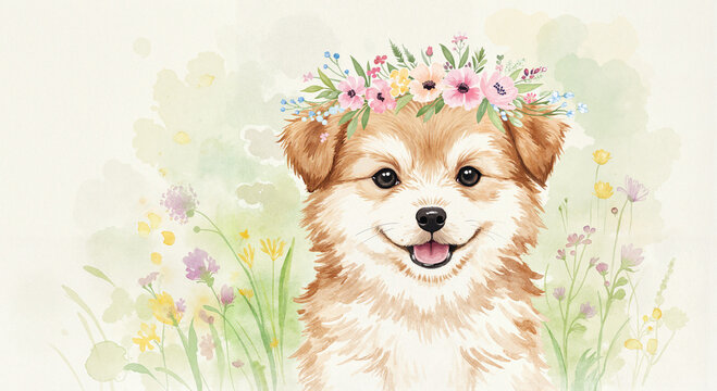Watercolor painting of puppy with floral wreath in soft pastel tones, whimsical garden atmosphere on textured paper