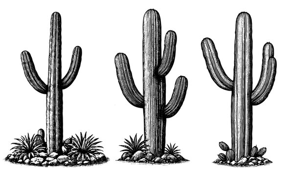 Saguaro cacti in a vintage woodcut style in black and white