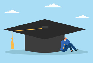 Vector illustration of a depressed businessman sitting under a large graduation cap, symbolizing the weight of expectations, pressure, and challenges after academic achievement
