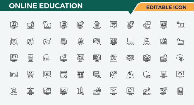 Online Education icon set. Icons for UI designs. Editable vector. Pixel perfect. Learning icon. Included computer, learning, school, academy, tutorial, training and more.
