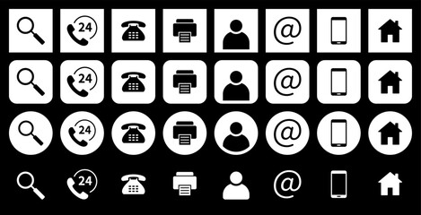 Set of contact icons. Profile, email, cell phone and address. Search, 24 hour support, phone and fax. Set of white round and square icons on a black background