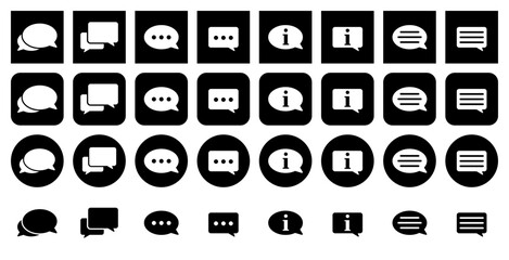 Set of speech bubble icons. Live chat or support, info. Set of black and white round and square icons.