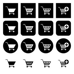 Set of shopping cart icons. Set of black and white round and square icons.
