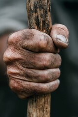 Obraz premium Close Up of a Dirty Hand Gripping a Wooden Stick