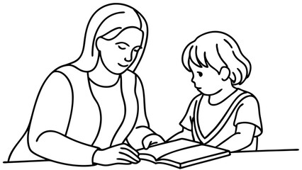 Mother reading with child, line illustration, educational bonding moment, literacy development