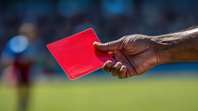 Close-up of a hand holding a red card, signifying a player's expulsion from a sports game.