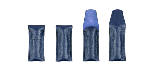 A high-quality blue leather knife sheath with a sleek design, detailed stitching, and a protective flap, isolated on a white background.