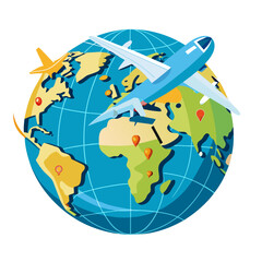 Airplane flying over world map