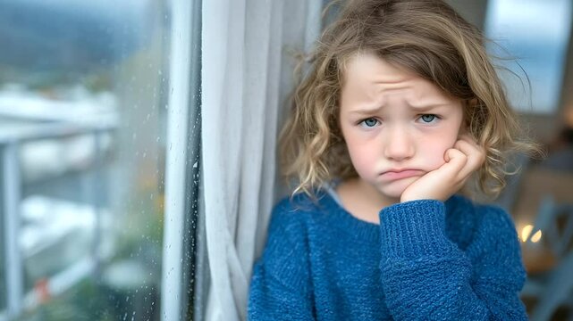 A little girl stares longingly out a window, her hand pressed against her aching face, struggling with the intense discomfort of a swollen gum