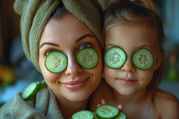 A heartwarming scene of a mother and daughter enjoying a spa day together, both with cucumber slices over their eyes, radiating relaxation and joy.