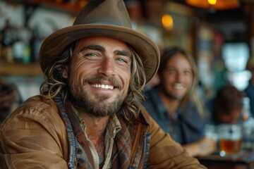 A smiling man with long hair and a hat enjoys a drink in a lively bar setting, capturing a moment of joy and camaraderie among friends in a rustic environment.