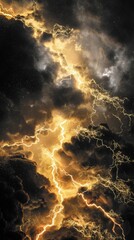 A mesmerizing storm where golden lightning erupts, illuminating the twisting mass of dark clouds.