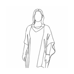 Elegant minimalist line drawing portrait of a woman in flowing clothes with abstract fashion