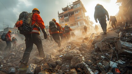 Rescue workers navigate through rubble after an urban earthquake, showcasing bravery and dedication while highlighting the human spirit's resilience in the face of disaster.