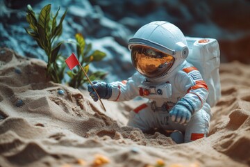 Miniature astronaut holding flag on sandy surface