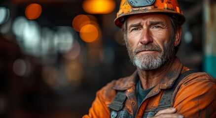 Fototapeta premium A portrait of an experienced male worker in an industrial setting, showcasing resilience and strength through his focused expression and rugged attire.