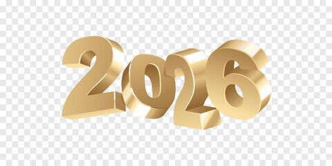 Happy new year 2026. Golden 3D numbers isolated on transparent background. Holiday greeting card design.