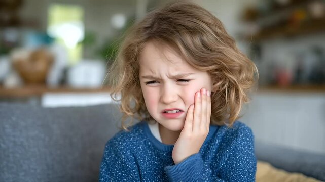 An emotional close-up of a small girl with puffed cheeks and red eyes, caught mid-tear, her fingers curled into her cheek as she endures tooth pain