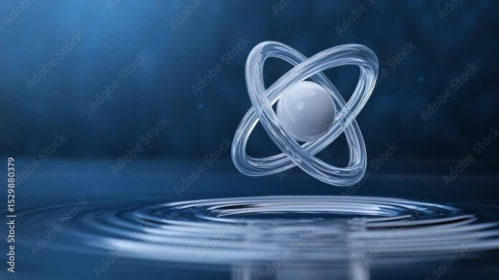 Poster Atom's Grace: A mesmerizing 3D rendering showcasing an atom suspended over rippling water, symbolizing the core of scientific understanding. 