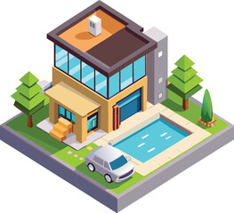 isometric view of a modern building, 3d rendering of modern cozy house with parking and pool, modern house