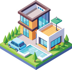 vector isometric house, isometric view of a modern building, 3d rendering of modern cozy house with parking and pool, modern house